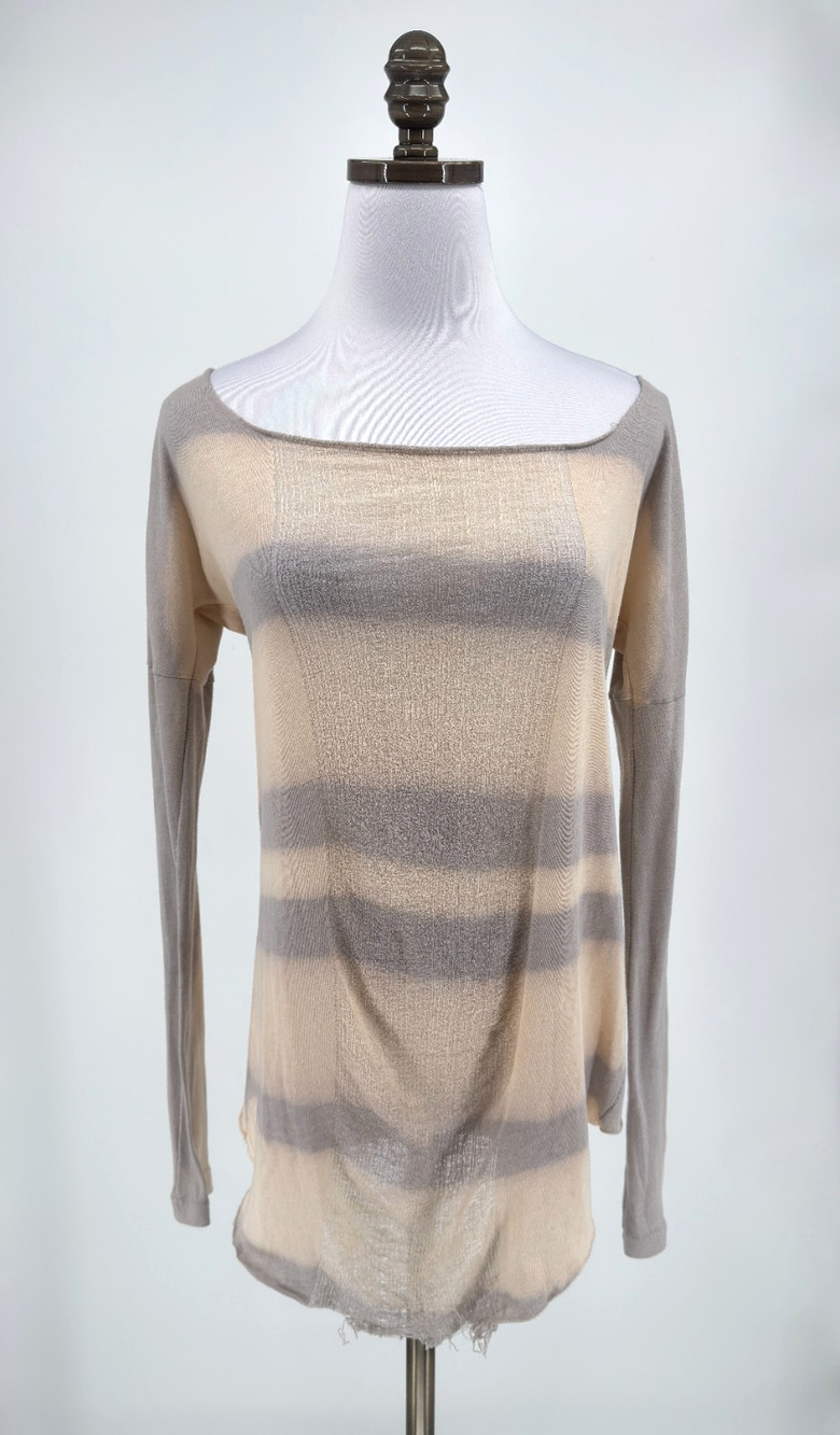 Raquel Allegra Basic Beige Striped Sheer Lightweight Knit Tunic Top Sz 1 US S